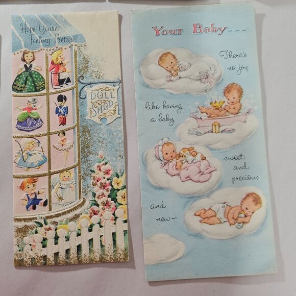 50s Greeting Cards Congratulations baby get well theme set/7 vtg pastel ephemera - Picture 3 of 12